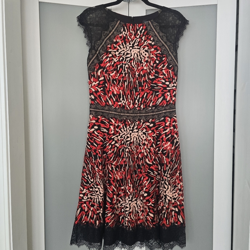 Tadashi Shoji Red and Black Lace Midi Dress